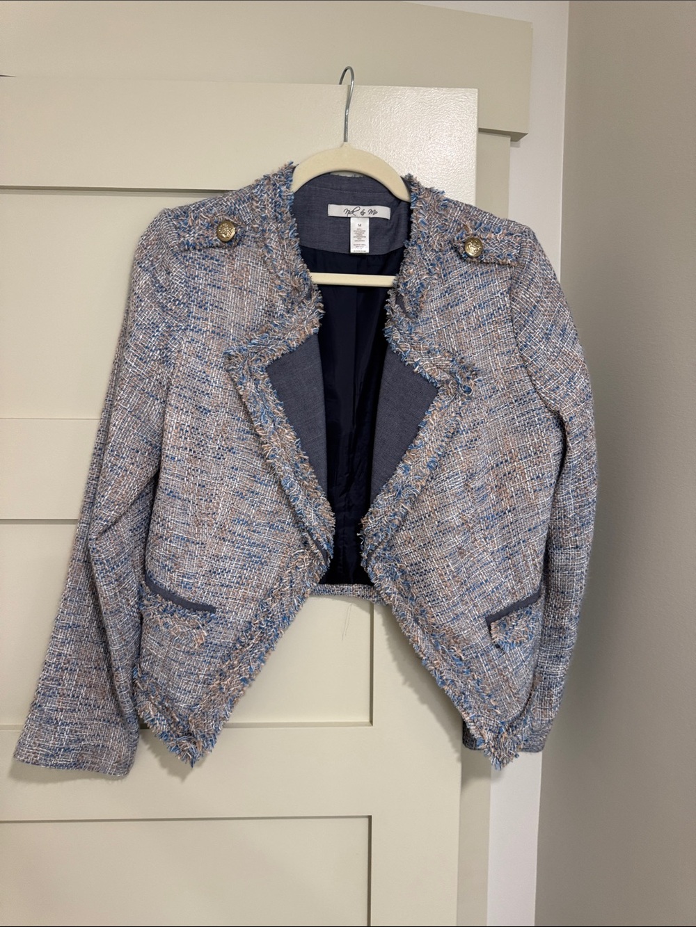 Nick & Mo Tweed Cropped Blazer in Blue and Cream with Gold Buttons